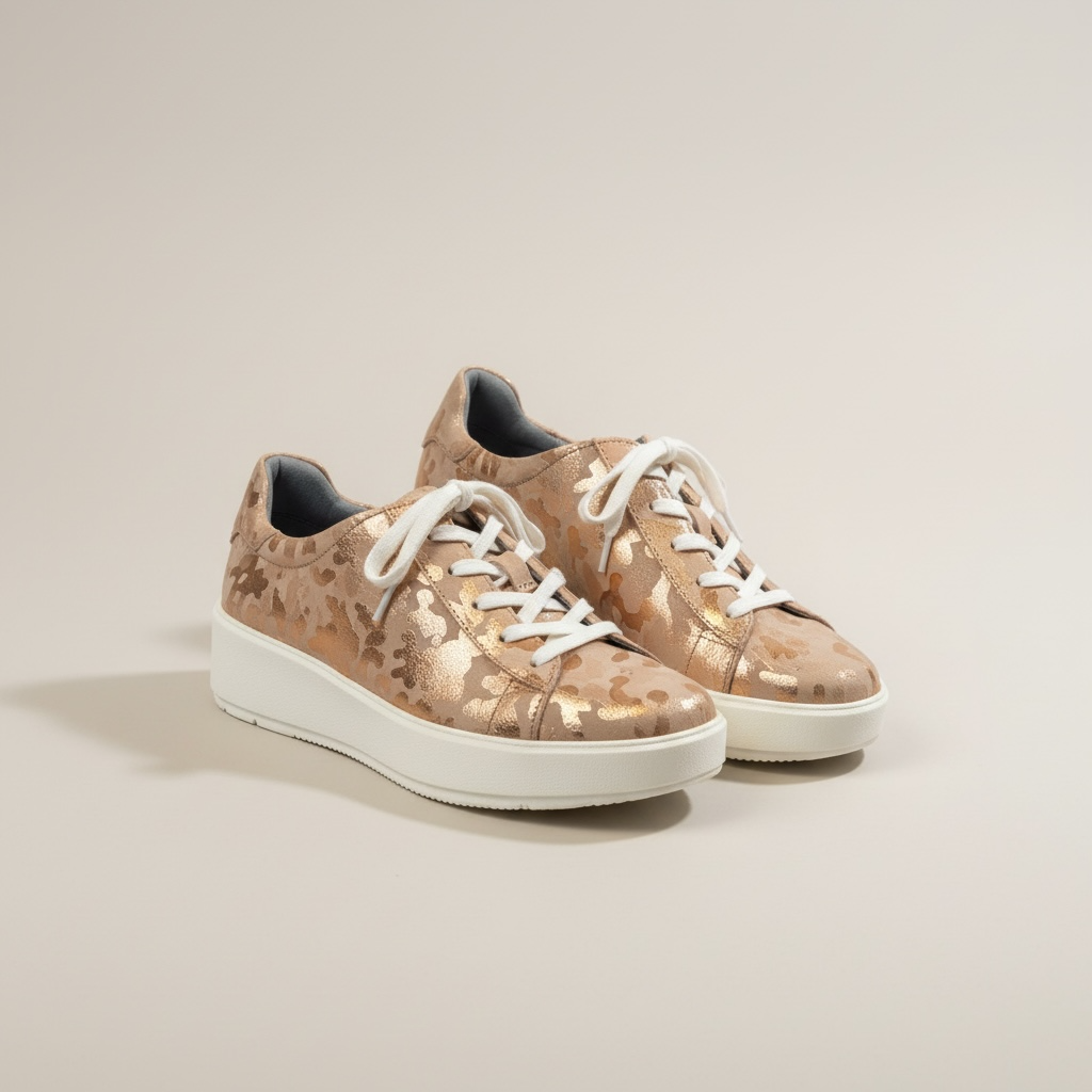 Rose gold platform sneakers by Clarks