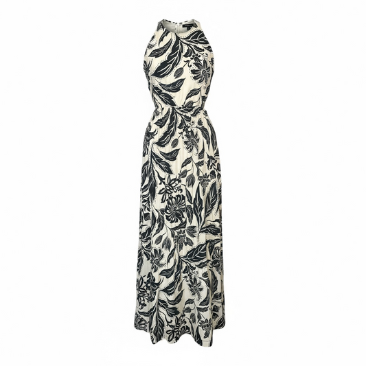 Long dress with black floral pattern.  elastic waist with side cut-outs.