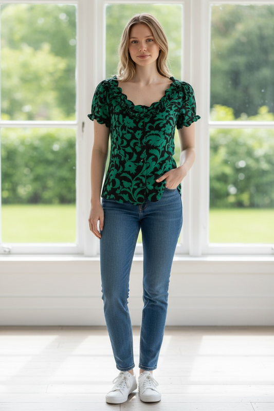 Green and Black scalloped edge top-Maeve by Anthropologie